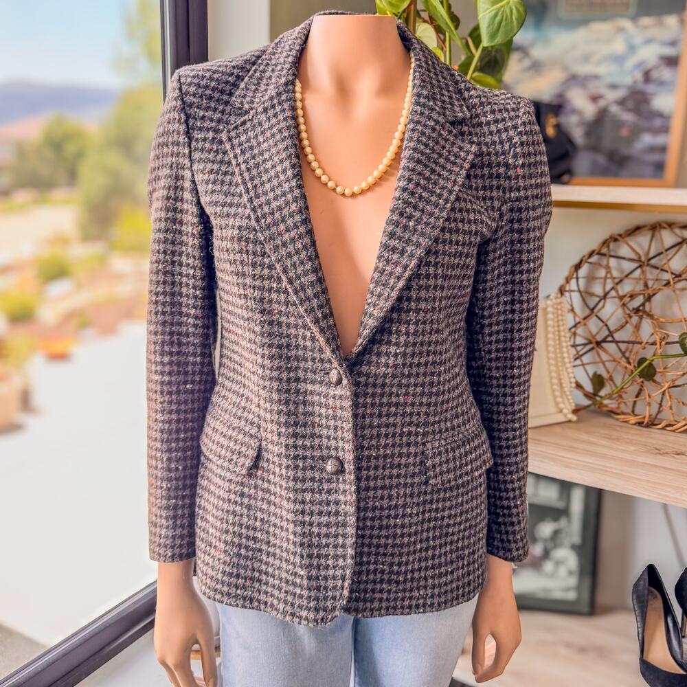 Vintage Oscar De La Renta Houndstooth Twill Plaid Wool Blazer Lined Women’s 7/8